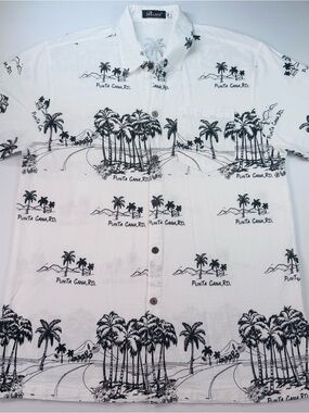 BARON Men’s Aloha-style SS Button-front Shirt, White w/Black island motifs, XL